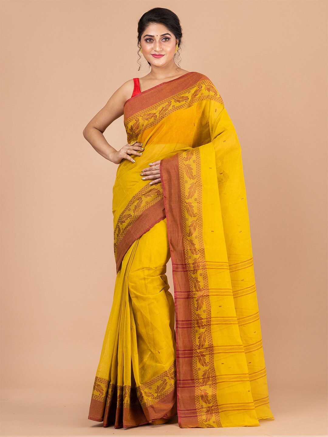 

Laa Calcutta Yellow And Brown Woven Design Pure Cotton Jamdani Saree