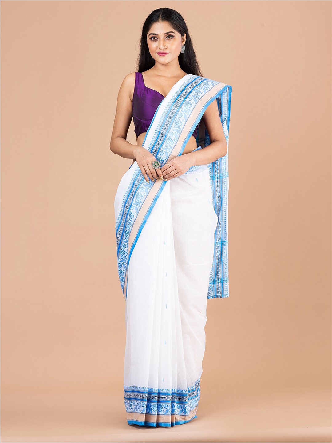 

Laa Calcutta White & Blue Woven Design Pure Cotton Jamdani Saree
