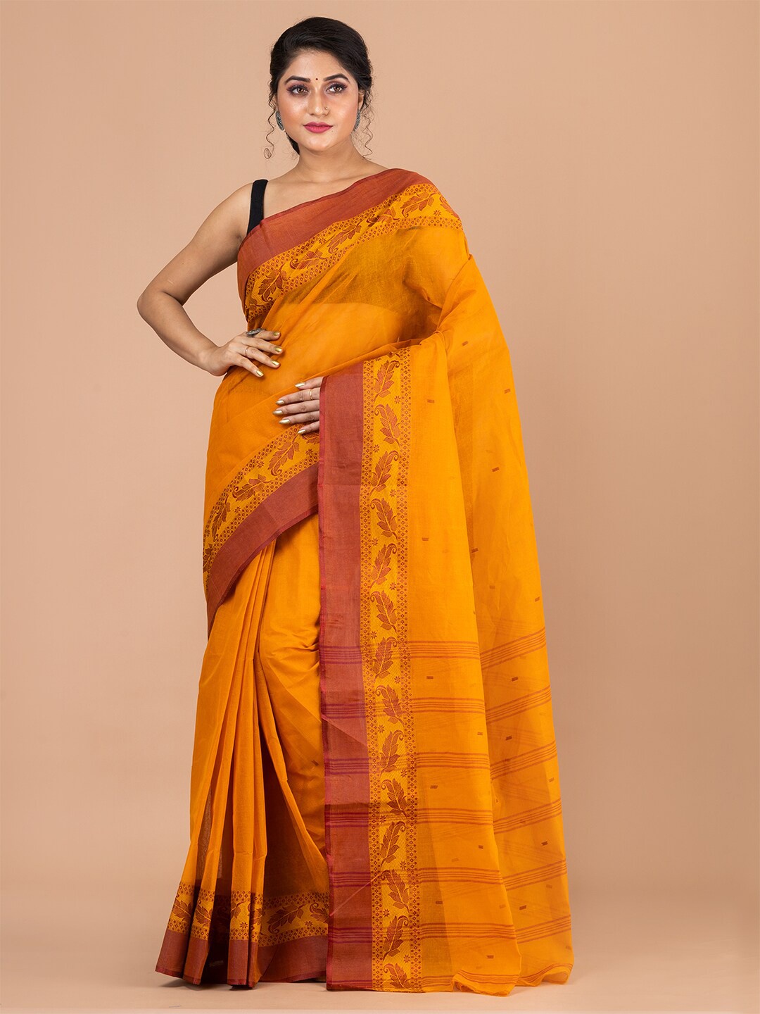 

Laa Calcutta Yellow & Brown Woven Design Pure Cotton Jamdani Saree