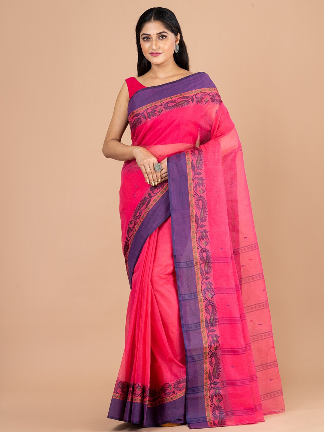 

Laa Calcutta Pink & Blue Pure Cotton Jamdani Saree