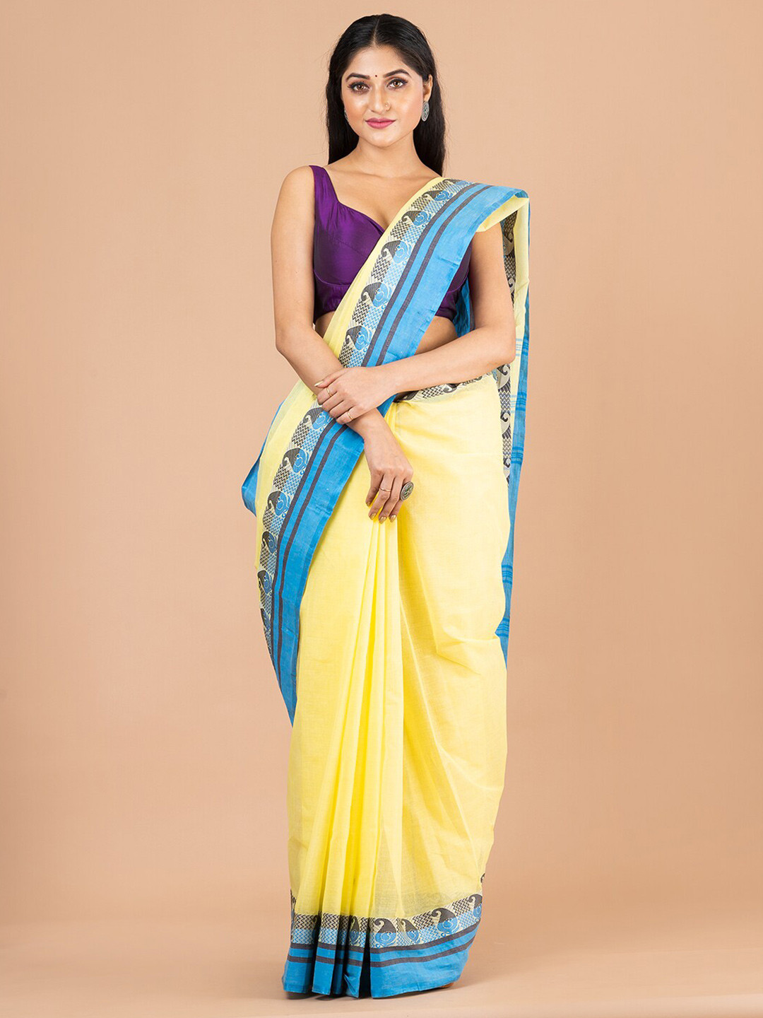 

Laa Calcutta Yellow & Blue Pure Cotton Jamdani Saree
