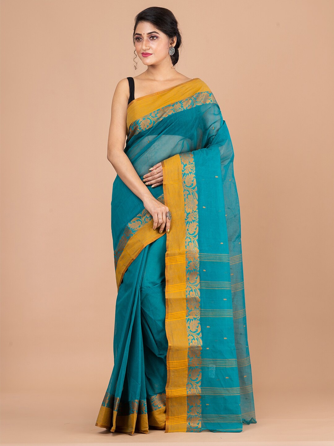 

Laa Calcutta Blue & Mustard Woven Design Zari Pure Cotton Jamdani Saree