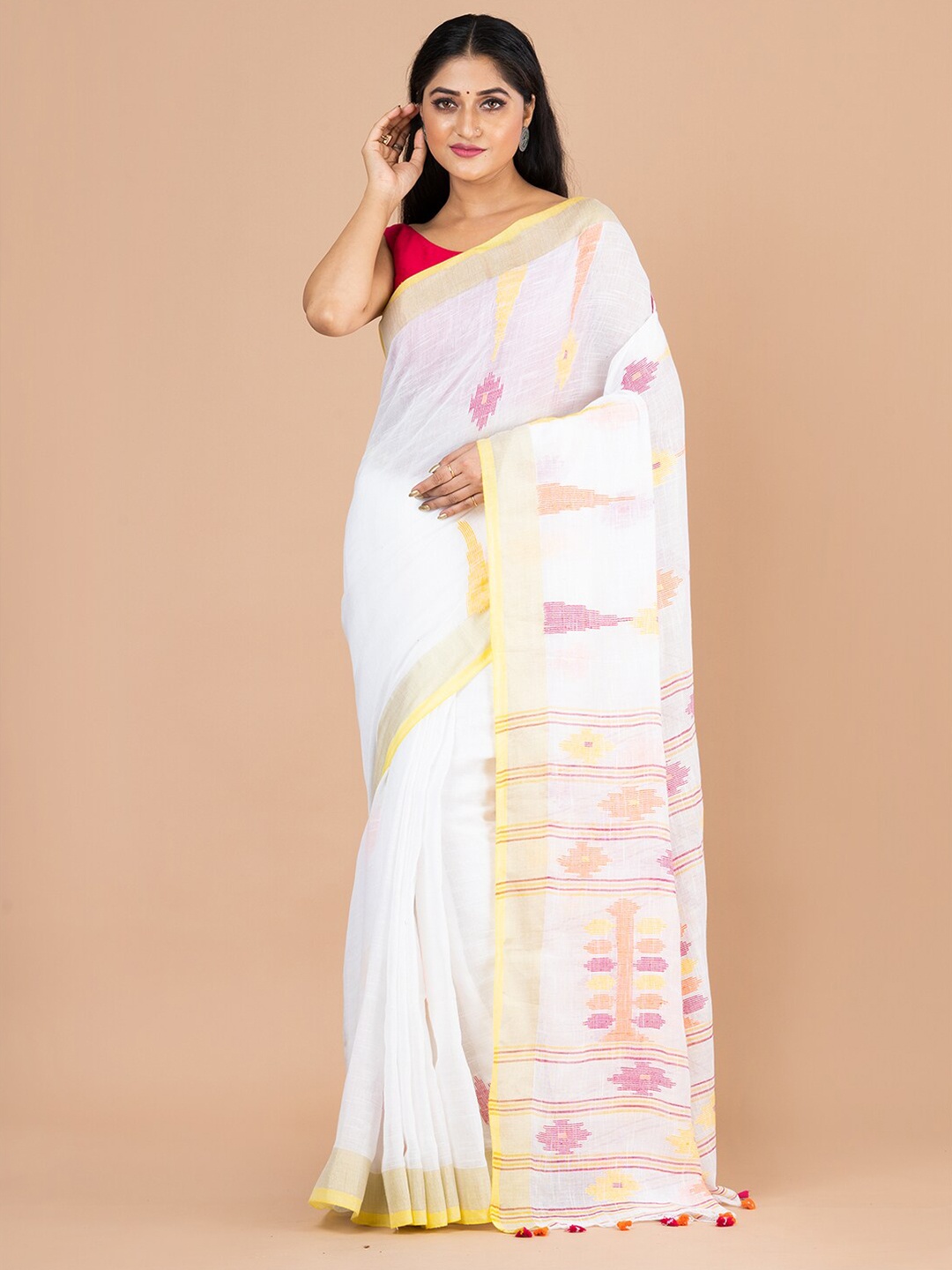 

Laa Calcutta White & Yellow Woven Design Zari Pure Cotton Jamdani Saree