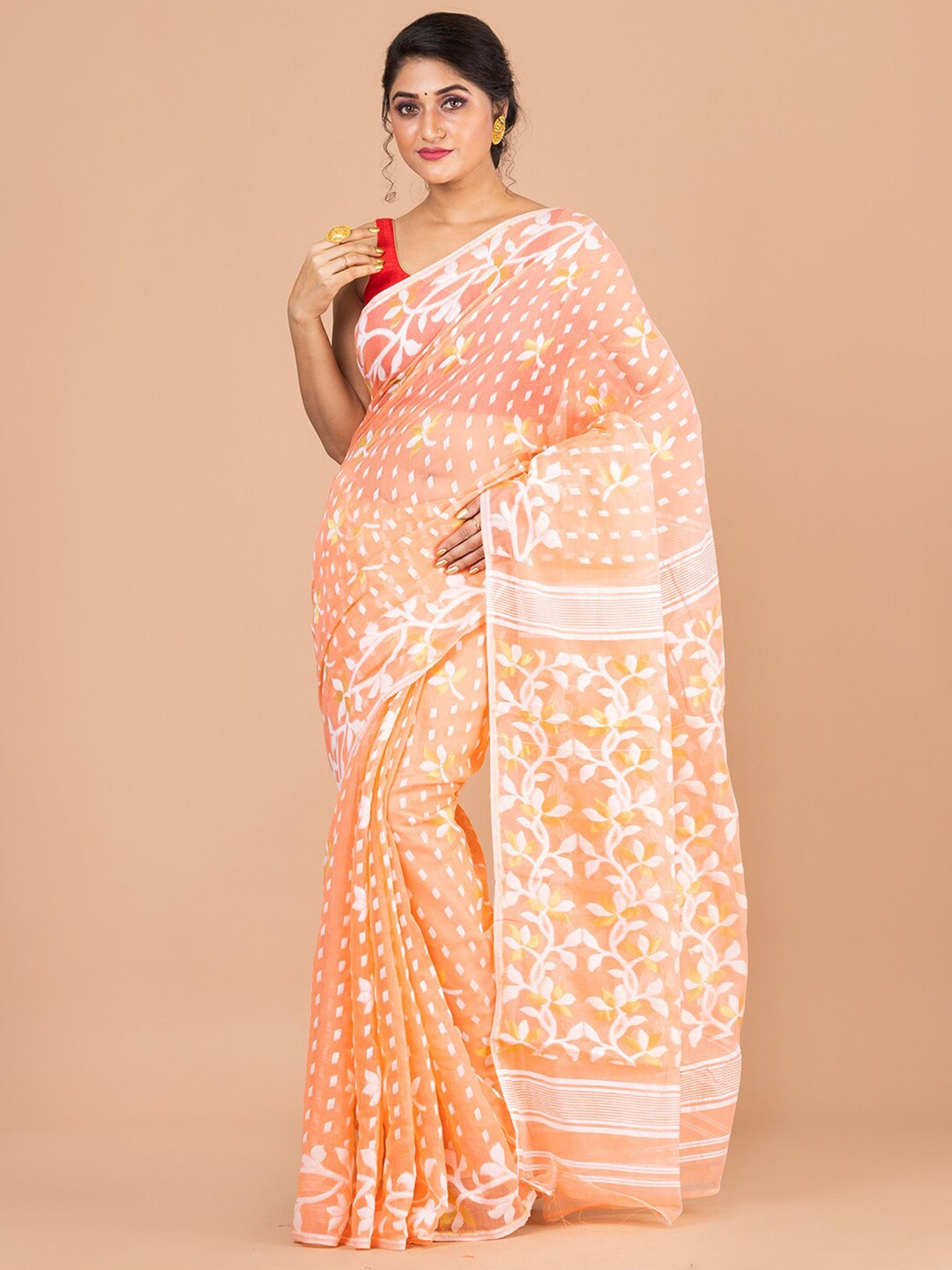 

Laa Calcutta Pink & White Woven Design Pure Cotton Jamdani Saree