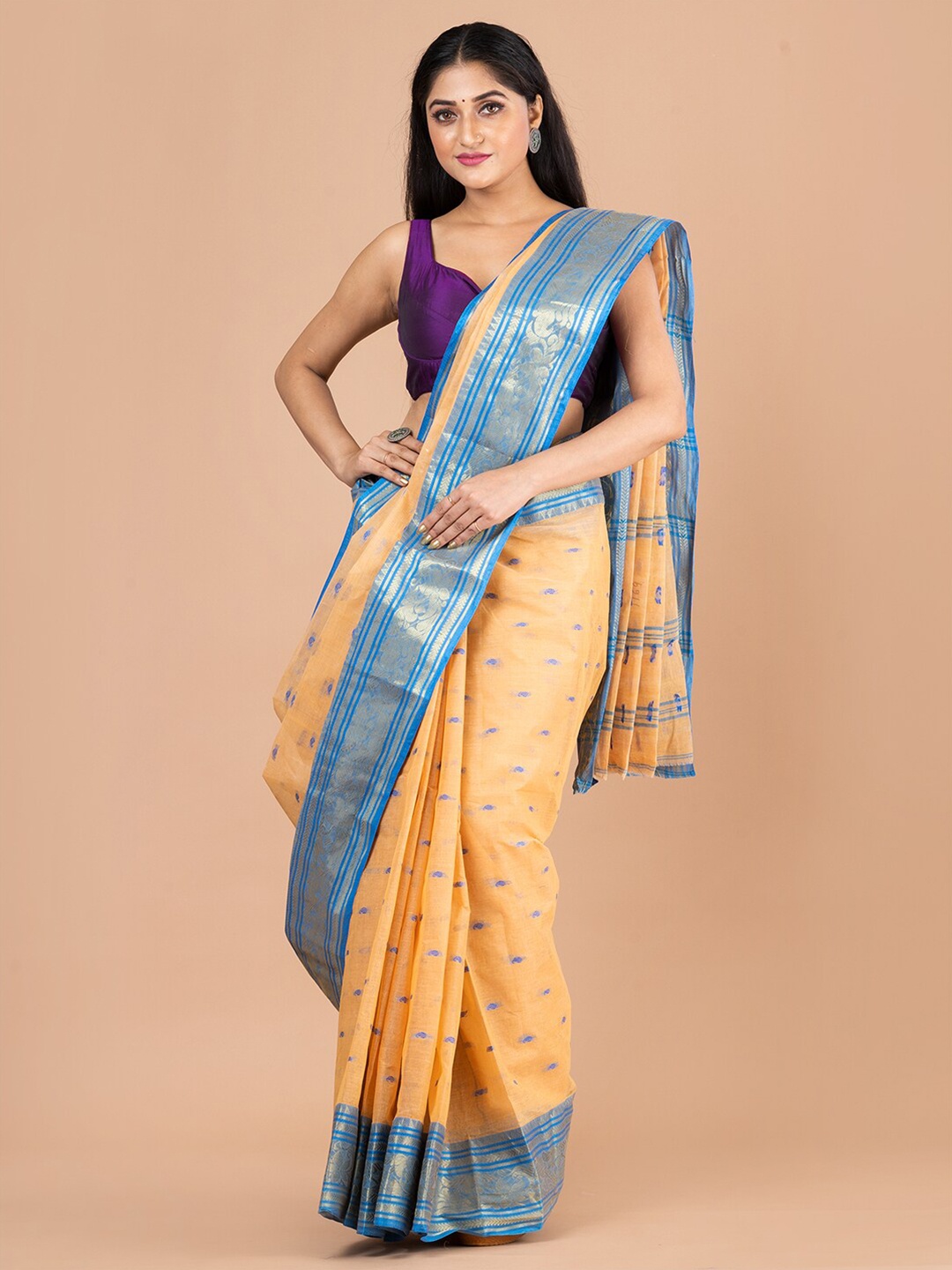 

Laa Calcutta Beige & Blue Woven Design Zari Pure Cotton Jamdani Saree