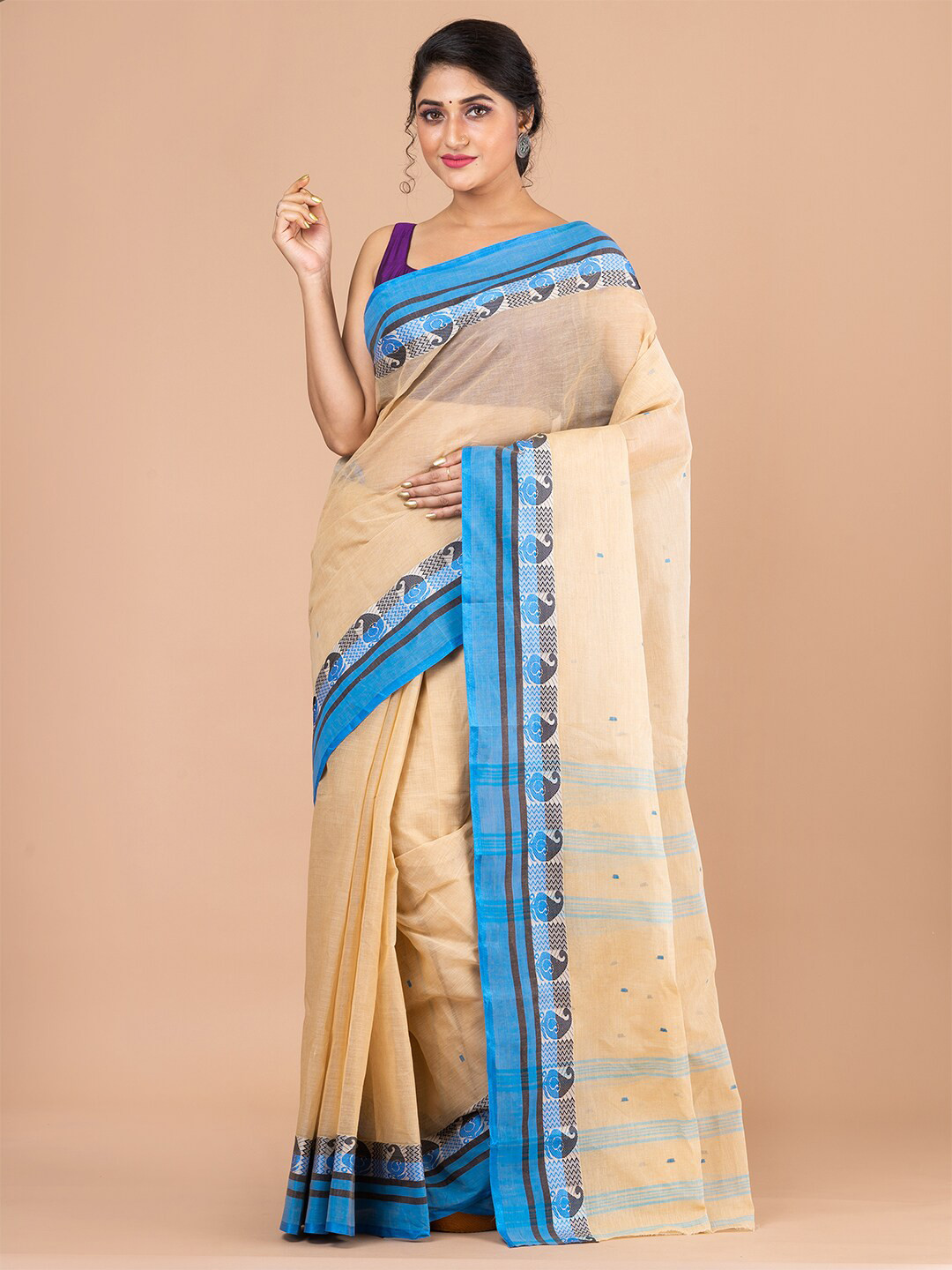 

Laa Calcutta Beige & Blue Woven Design Pure Cotton Jamdani Saree