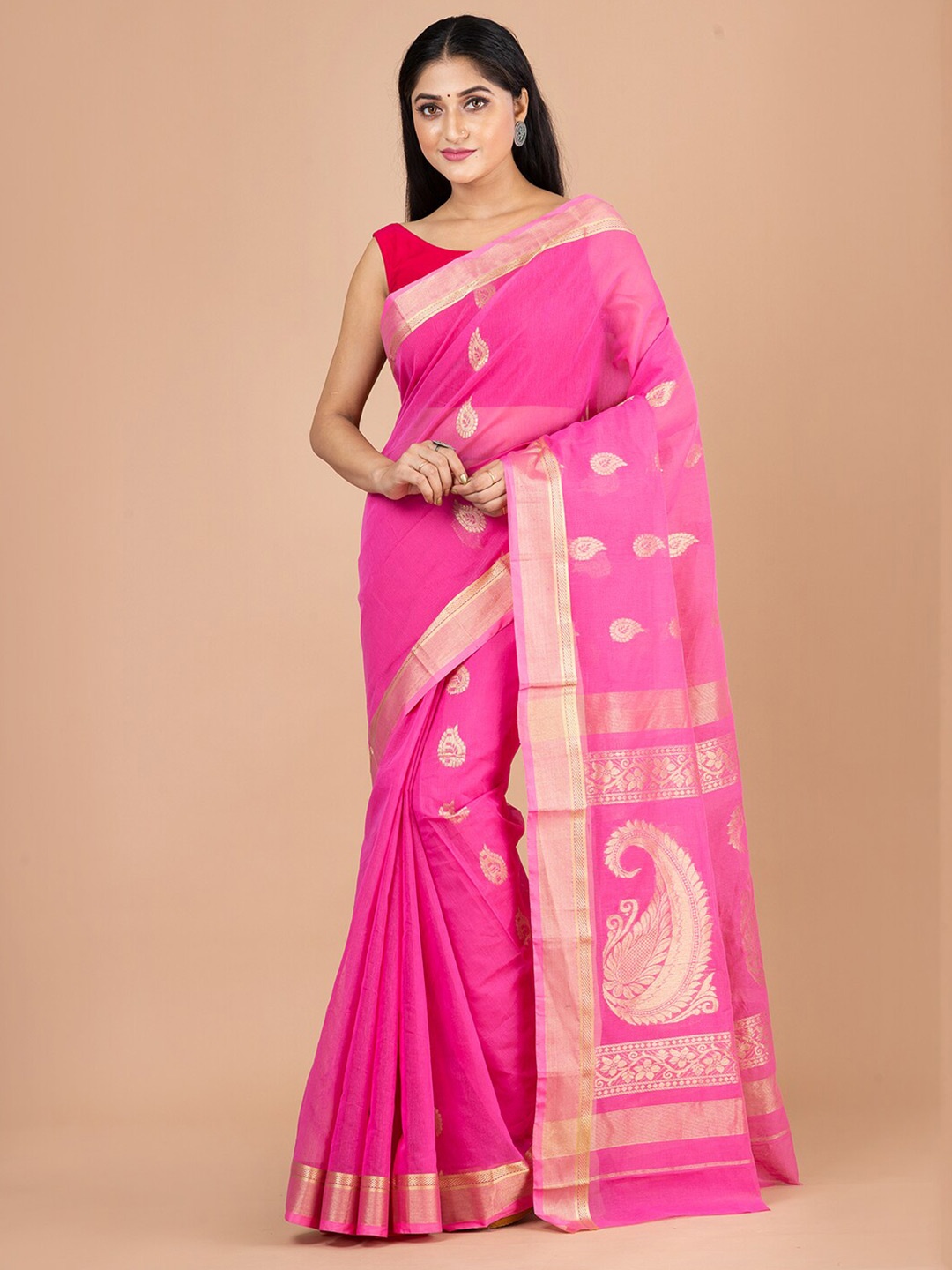 

Laa Calcutta Pink & Gold-Toned Woven Design Zari Pure Cotton Jamdani Saree