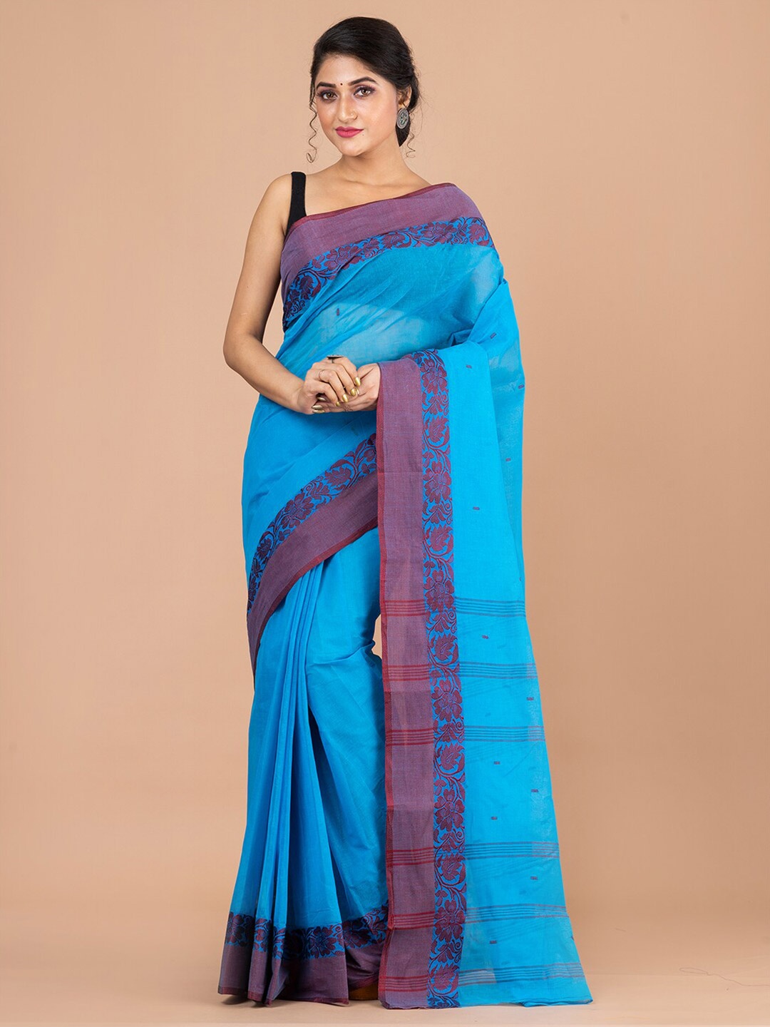 

Laa Calcutta Blue & Purple Woven Design Pure Cotton Jamdani Saree