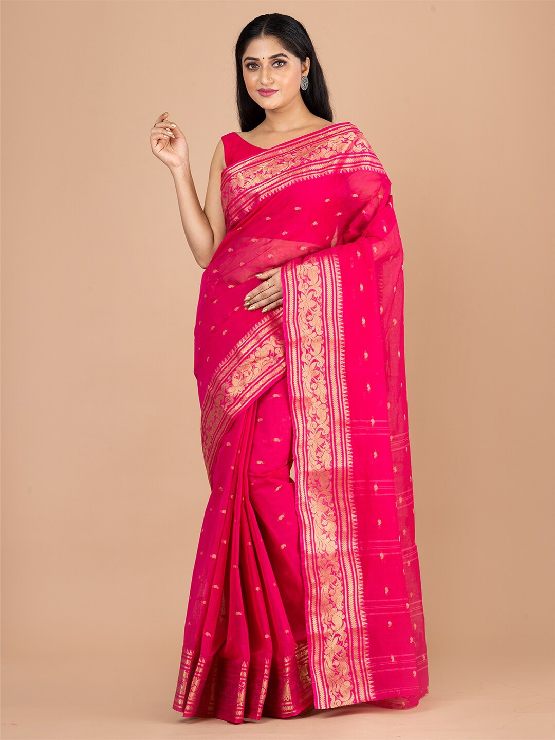 

Laa Calcutta Pink & Gold-Toned Woven Design Zari Pure Cotton Jamdani Saree