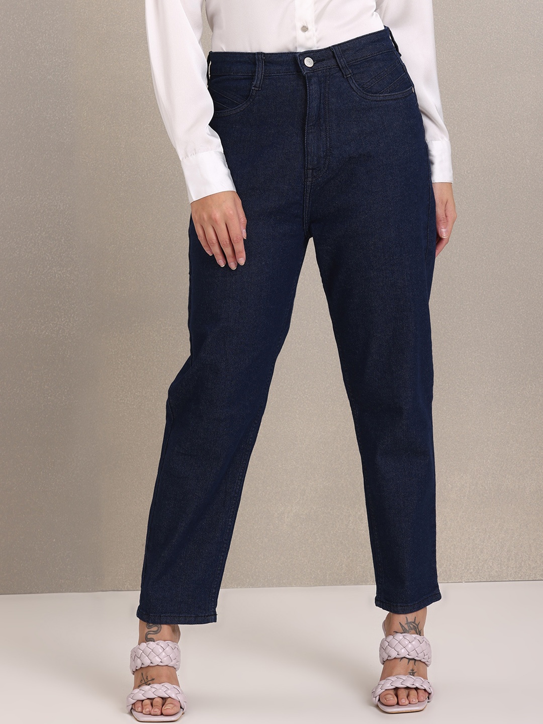 

U S Polo Assn Women Navy Blue High-Rise Mom Fit Cropped Stretchable Jeans