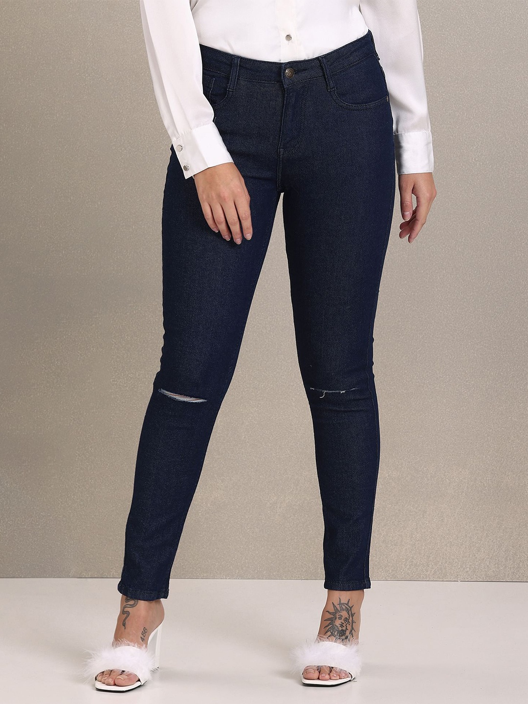 

U S Polo Assn Women Navy Blue Skinny Fit Mid Rise Slash Knee Stretchable Jeans