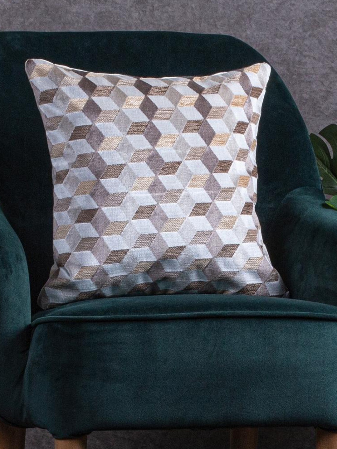 

Just Home Brown & White Geometric Jacquard Velvet Square Cushion Cover