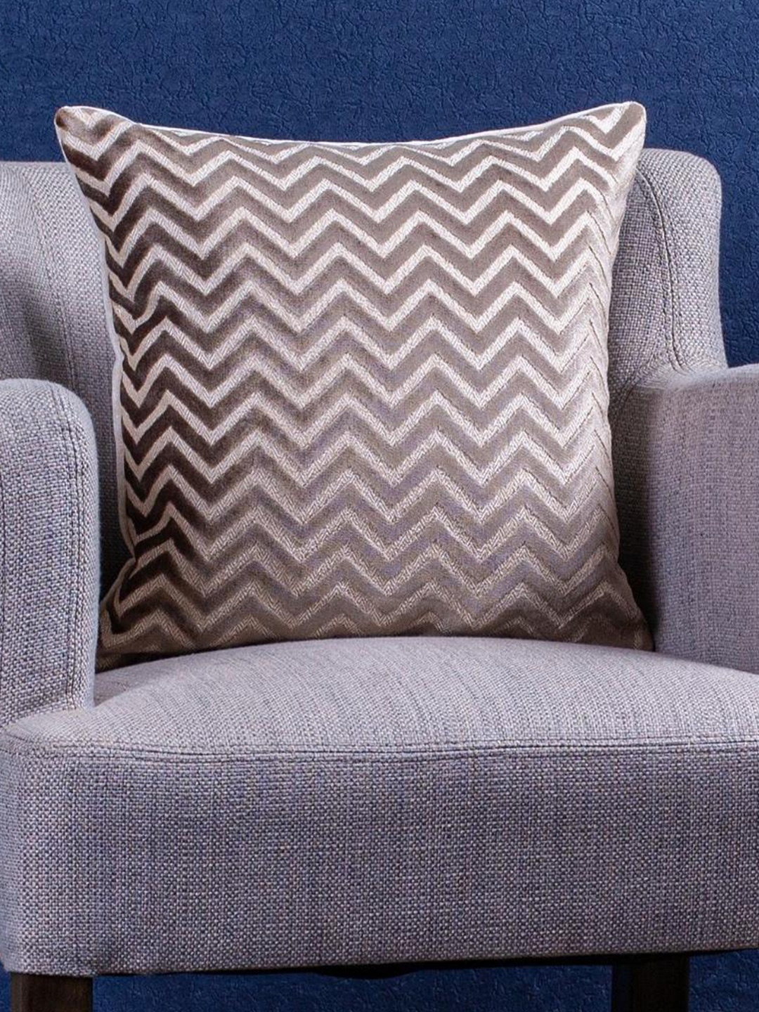 

Just Home Brown & Cream-Coloured Geometric Jacquard Velvet Square Cushion Cover