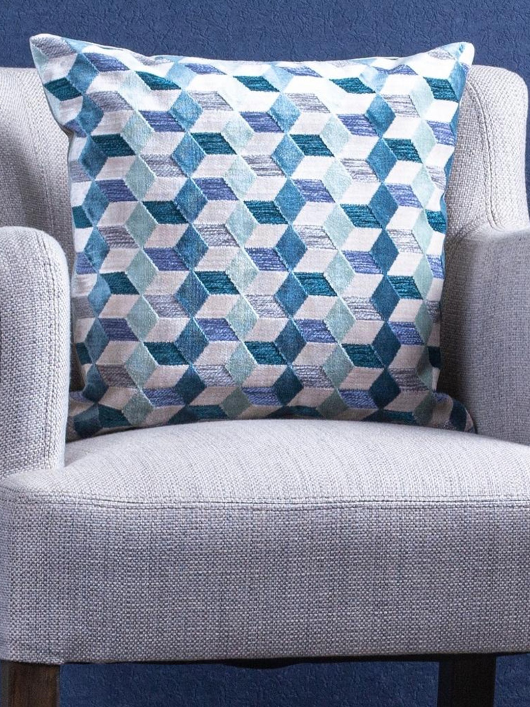 

Just Home Teal & Blue Geometric Jacquard Velvet Square Cushion Cover