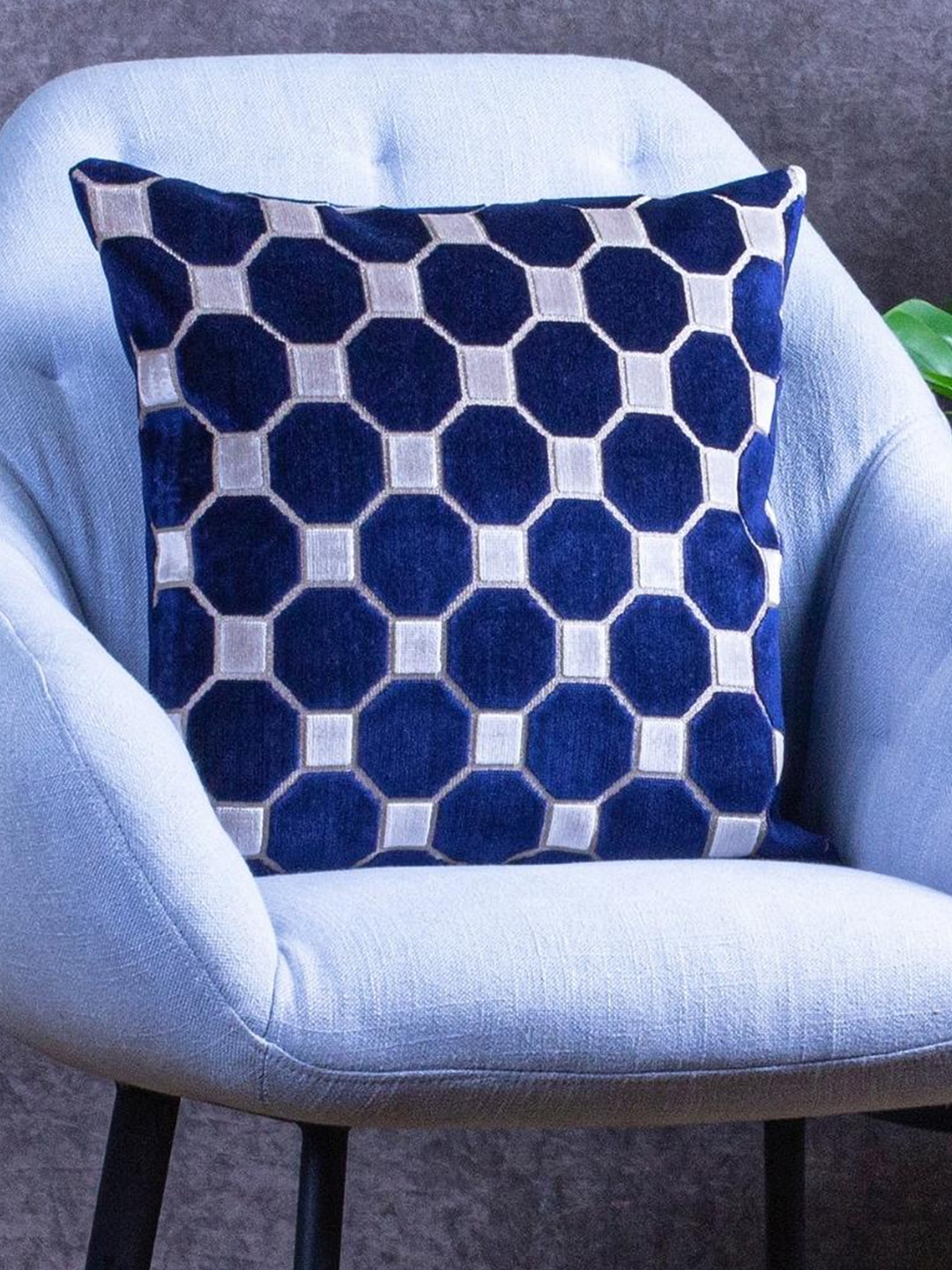 

Just Home Navy Blue & Beige Geometric Jacquard Velvet Square Cushion Cover