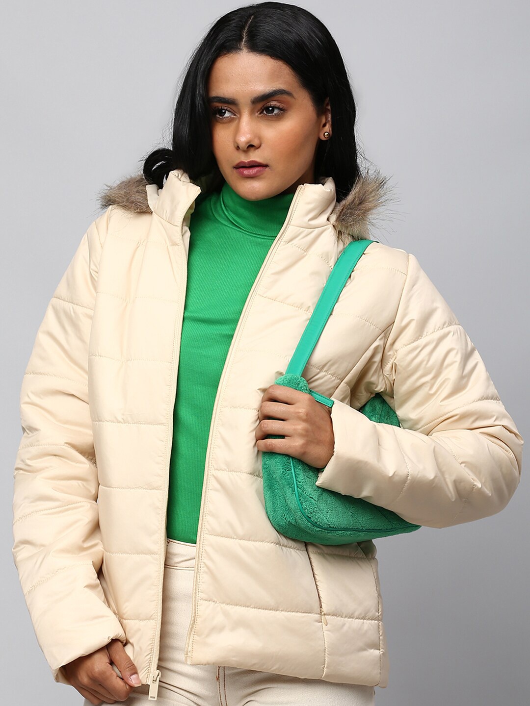 

High Star Women Cream-Coloured Longline Solid Parka Jacket