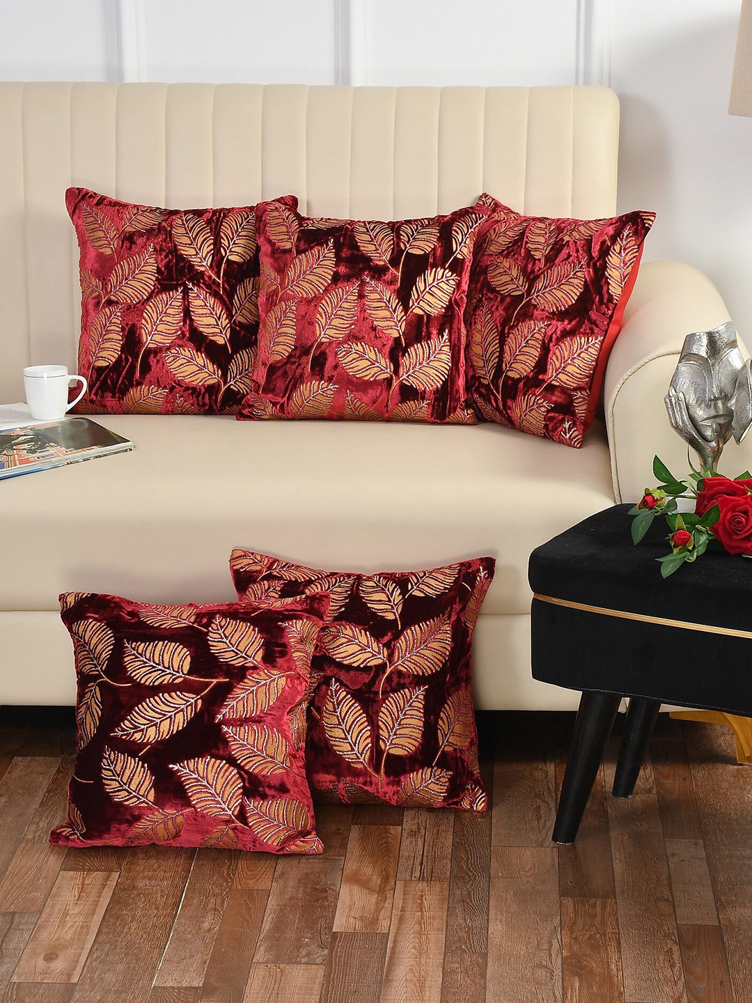 

Bajo's Pack of 5 Maroon & Yellow Floral Square Cushion Covers