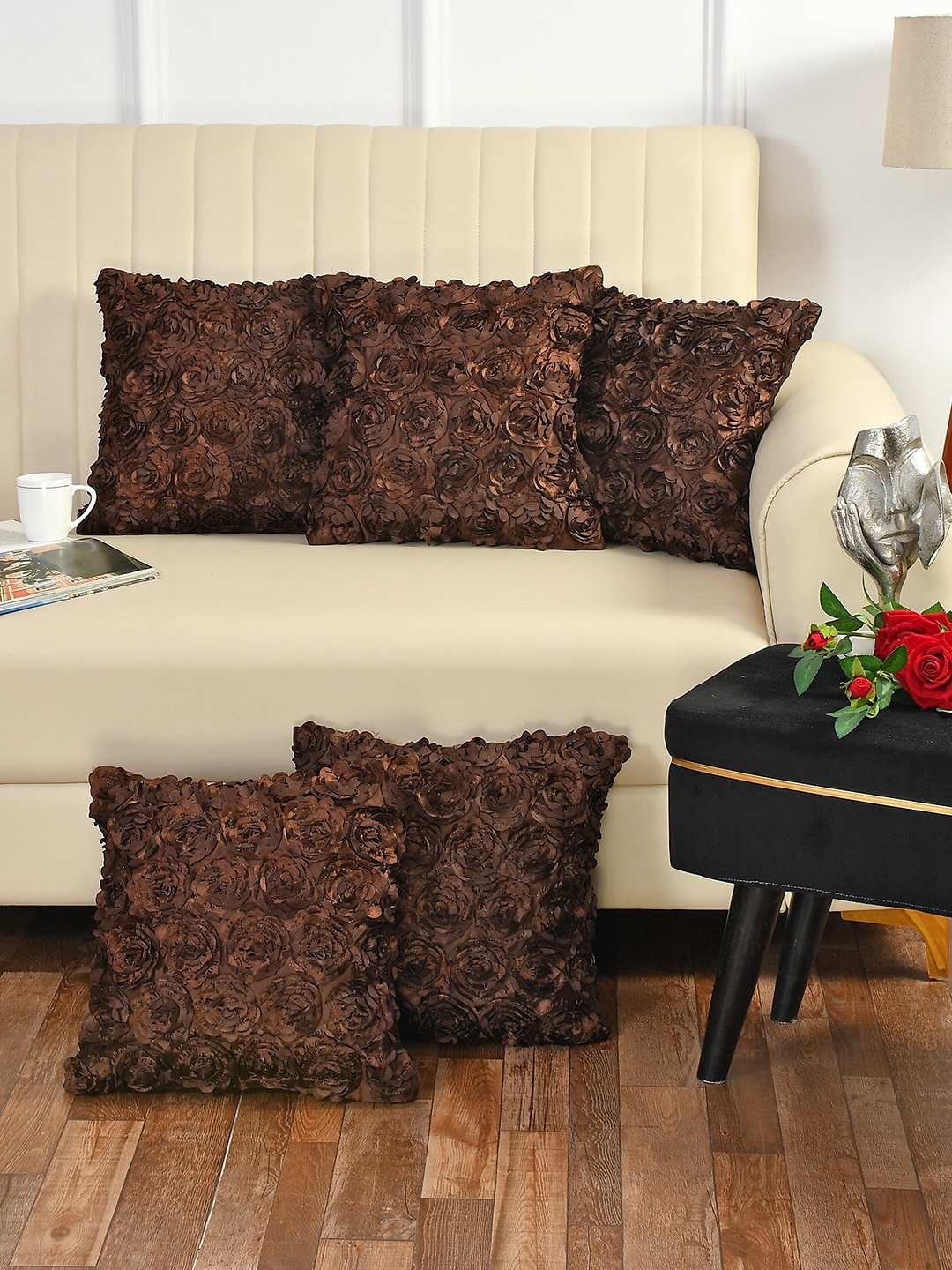 

Bajo's Pack of 5 Coffee Brown Floral Square Cushion Covers