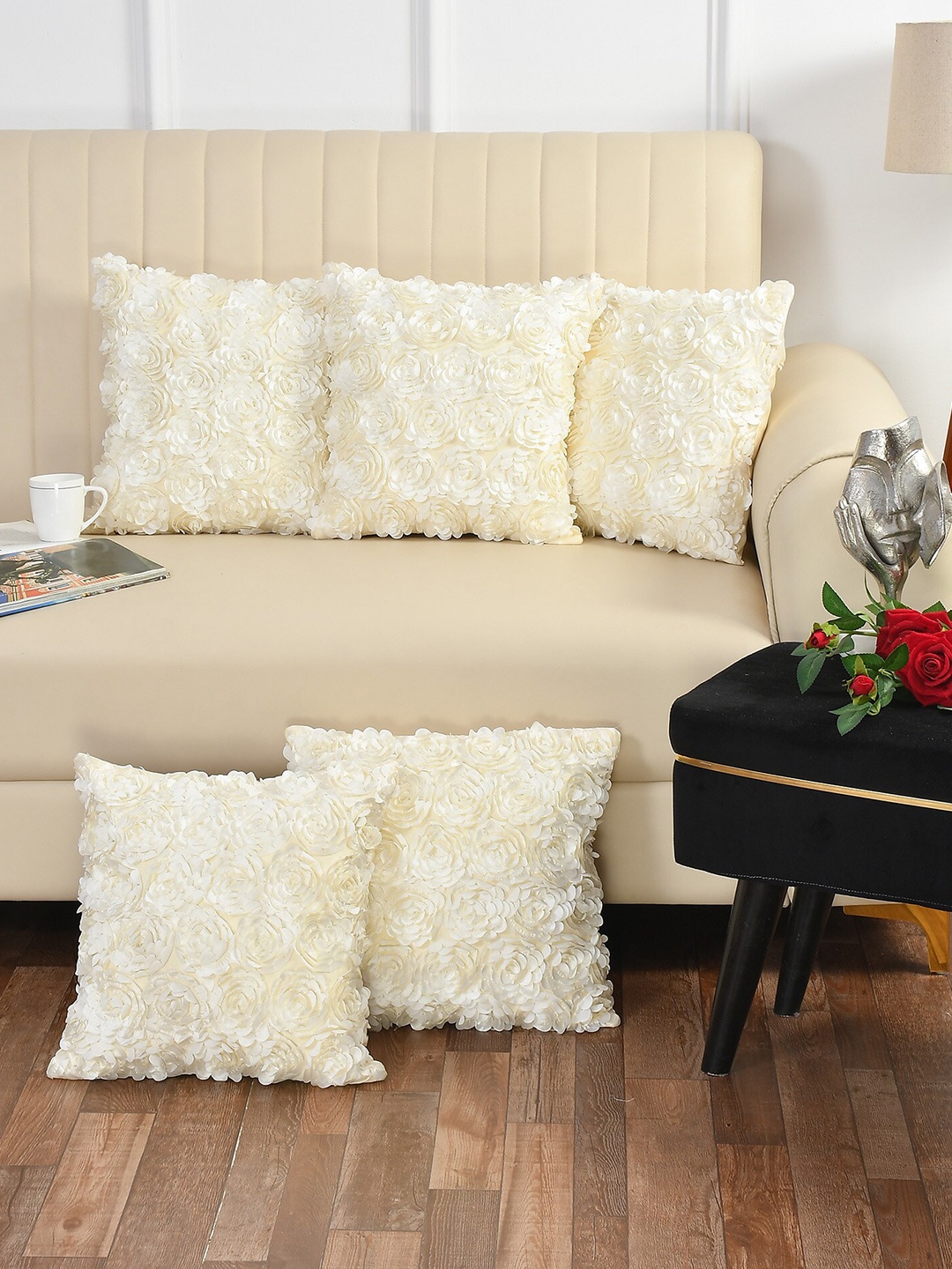 

Bajo's Pack of 5 Cream-Coloured Floral Square Cushion Covers