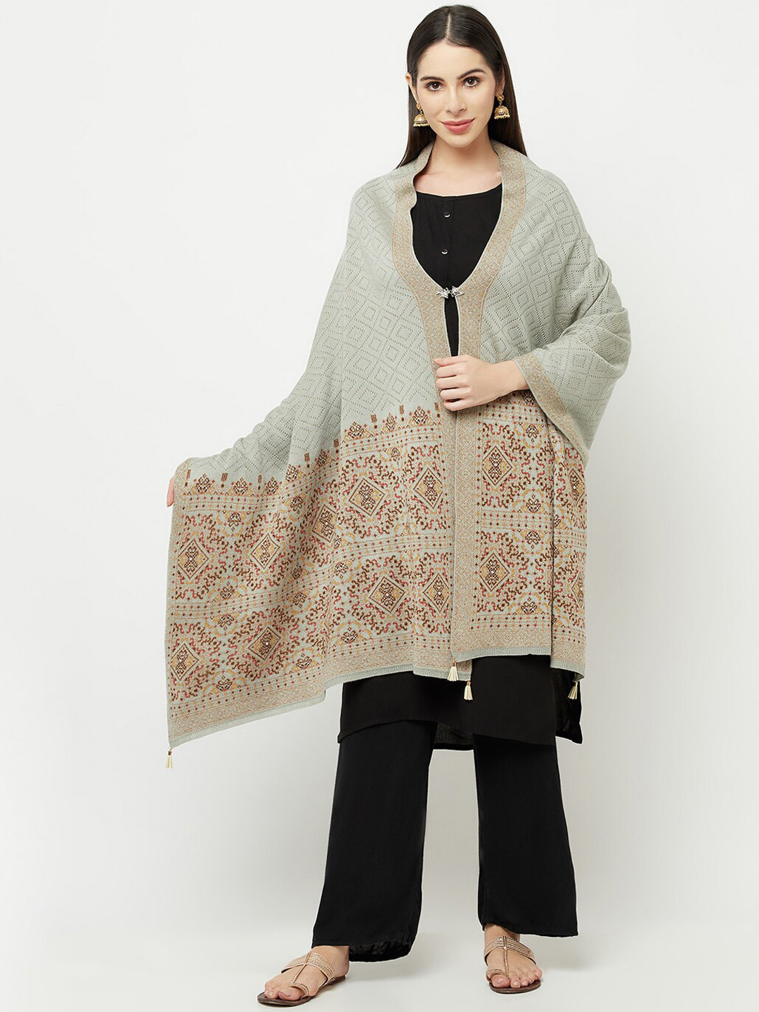 

Knitstudio Women Green Woven Design Shawl
