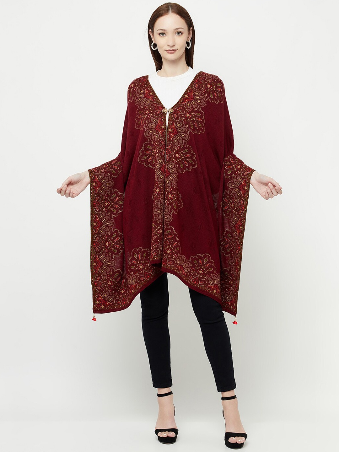 

Knitstudio Women Maroon Ethnic Motif Woven Design Shawl