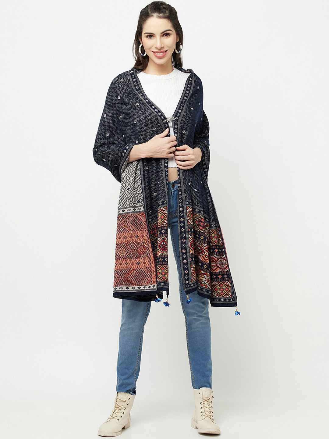

Knitstudio Women Navy Blue Woven Design Shawl