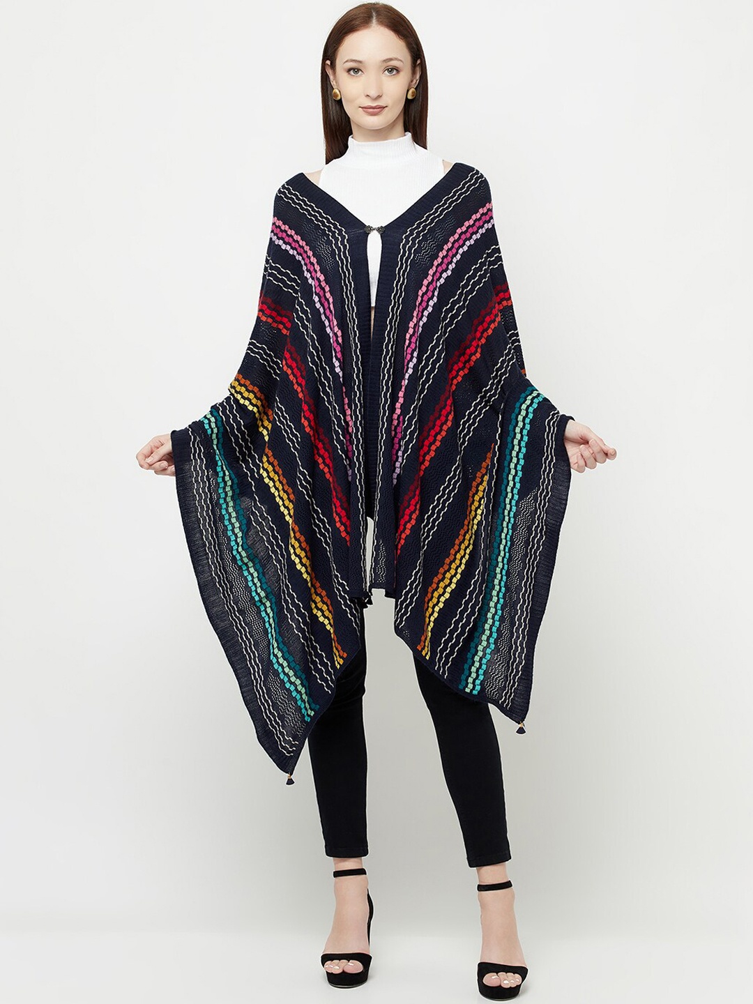 

Knitstudio Women Navy Blue Woven Design Shawl