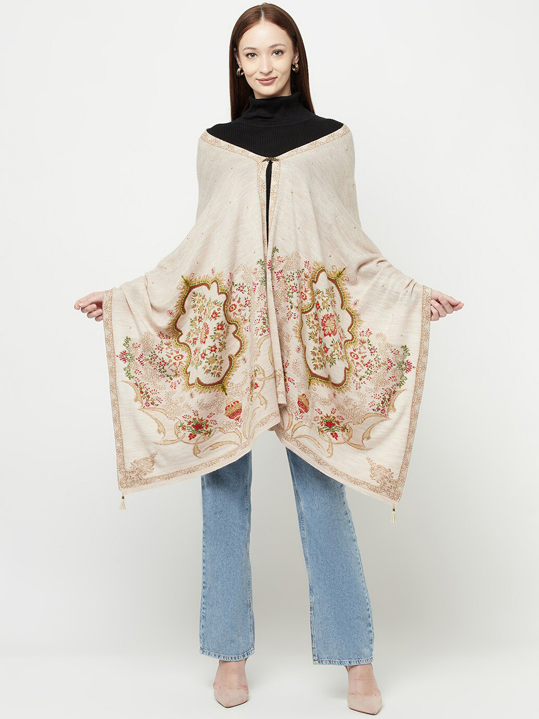 

Knitstudio Women Beige Woven Design Shawl