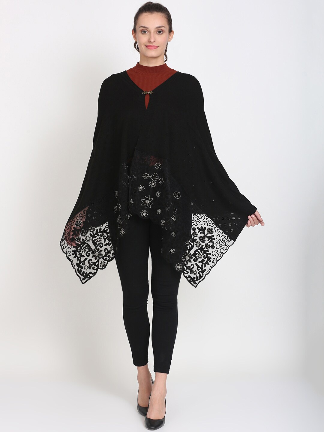 

Knitstudio Women Black Embroidered Shawl