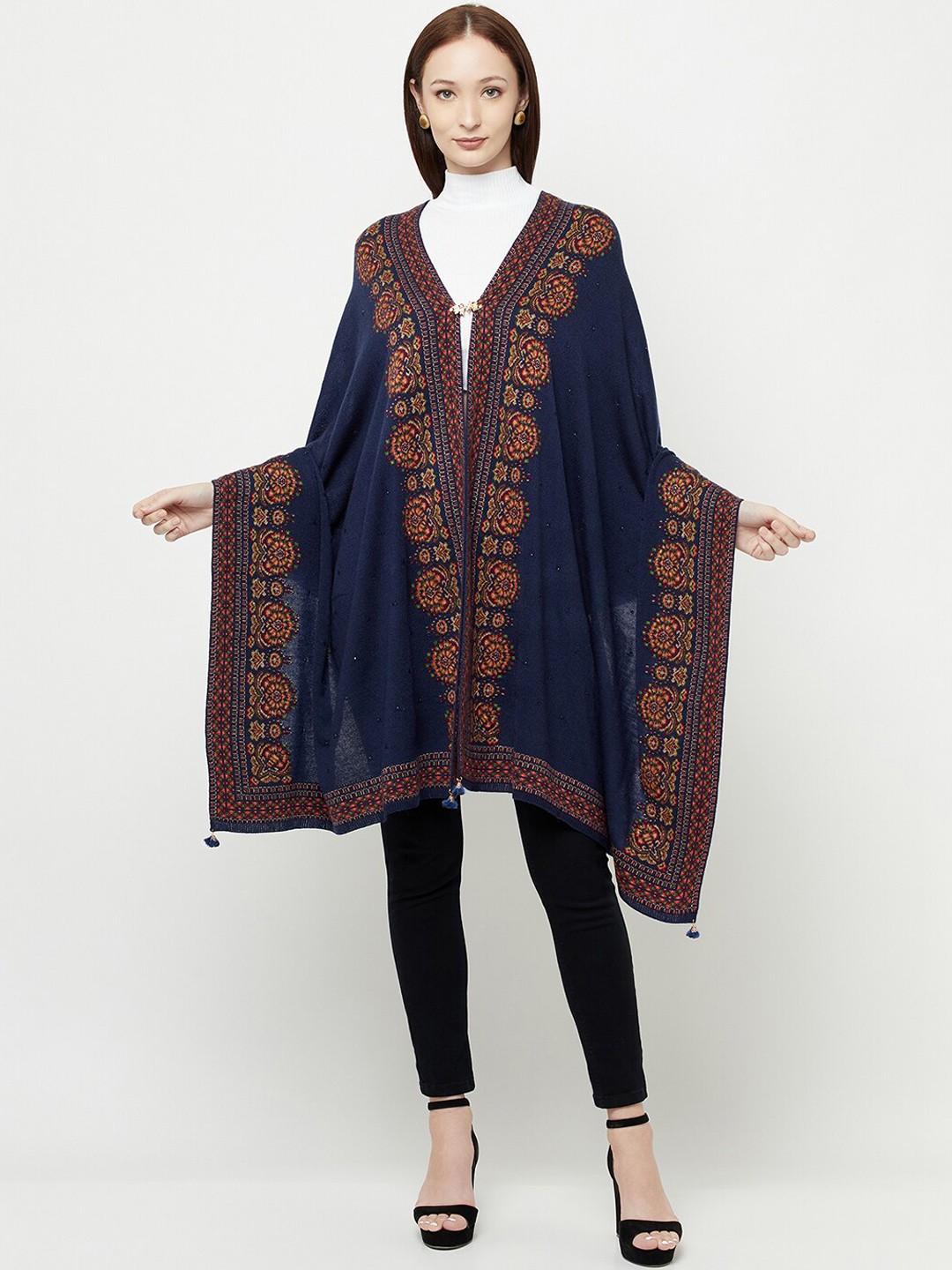 

Knitstudio Women Navy Blue Solid Casual Shawl