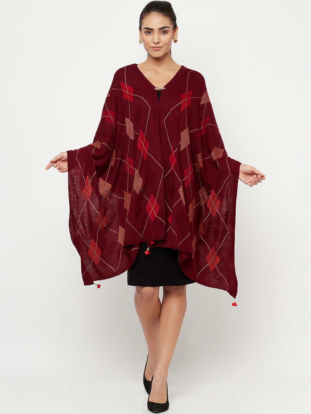 

Knitstudio Women Maroon Woven Design Tribal Printed Shawl