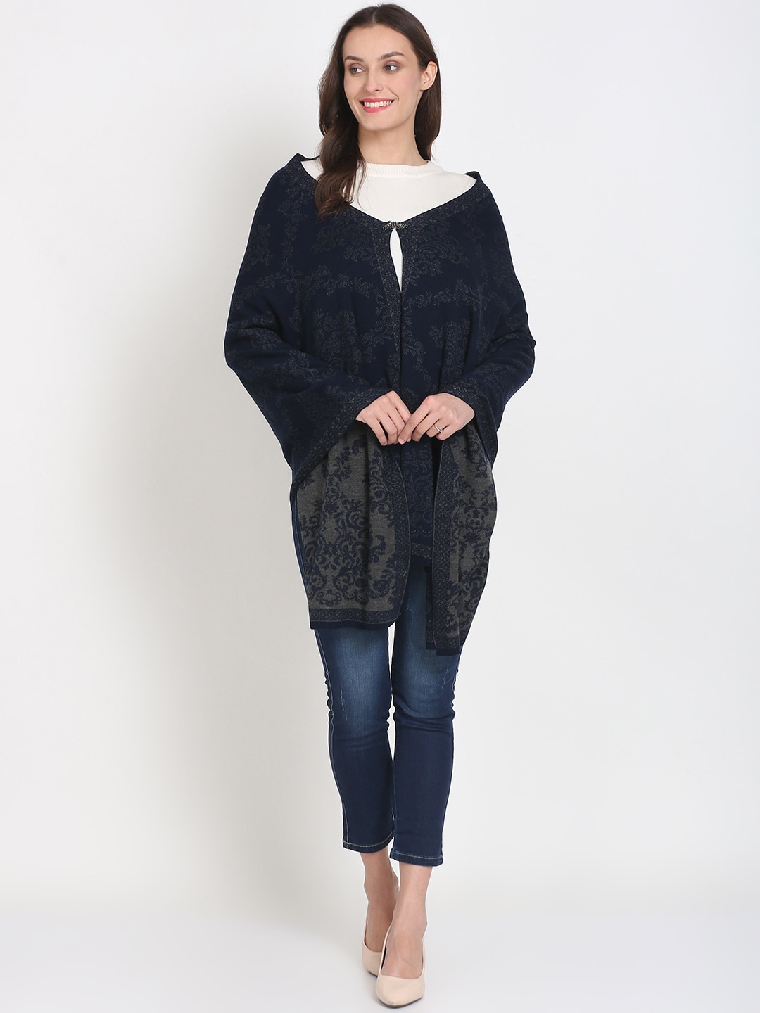 

Knitstudio Women Navy Blue Self Design Knitted Shawl