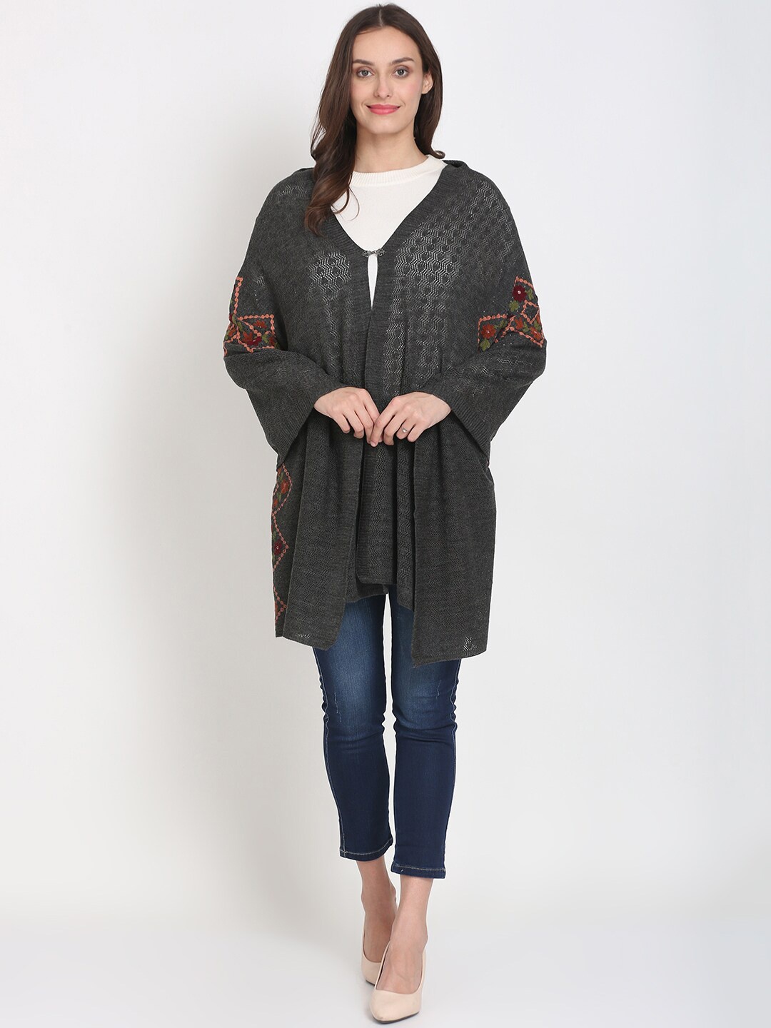 

Knitstudio Women Grey Self Design Knitted Shawl