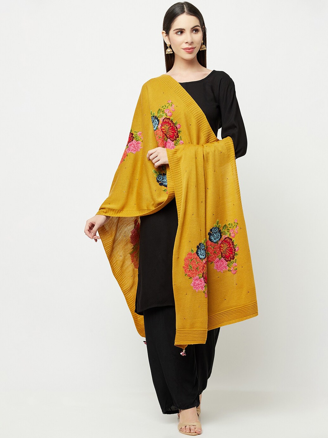 

Knitstudio Women Mustard Floral Casual Shawl