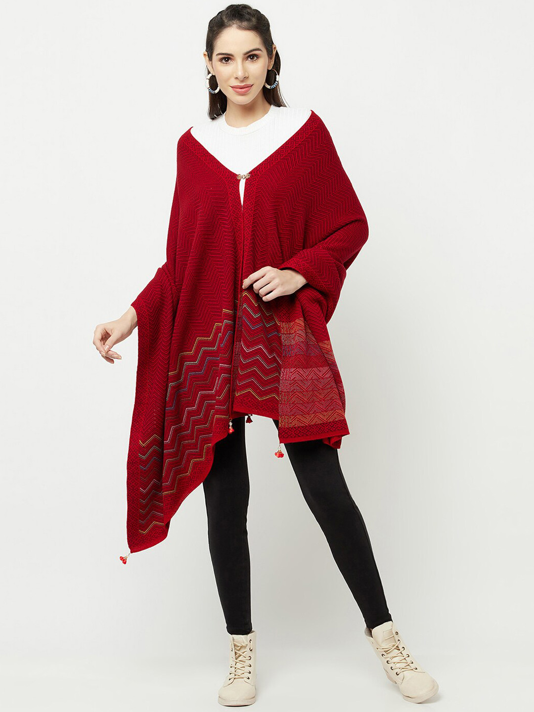 

Knitstudio Women Red Woven Design Shawl