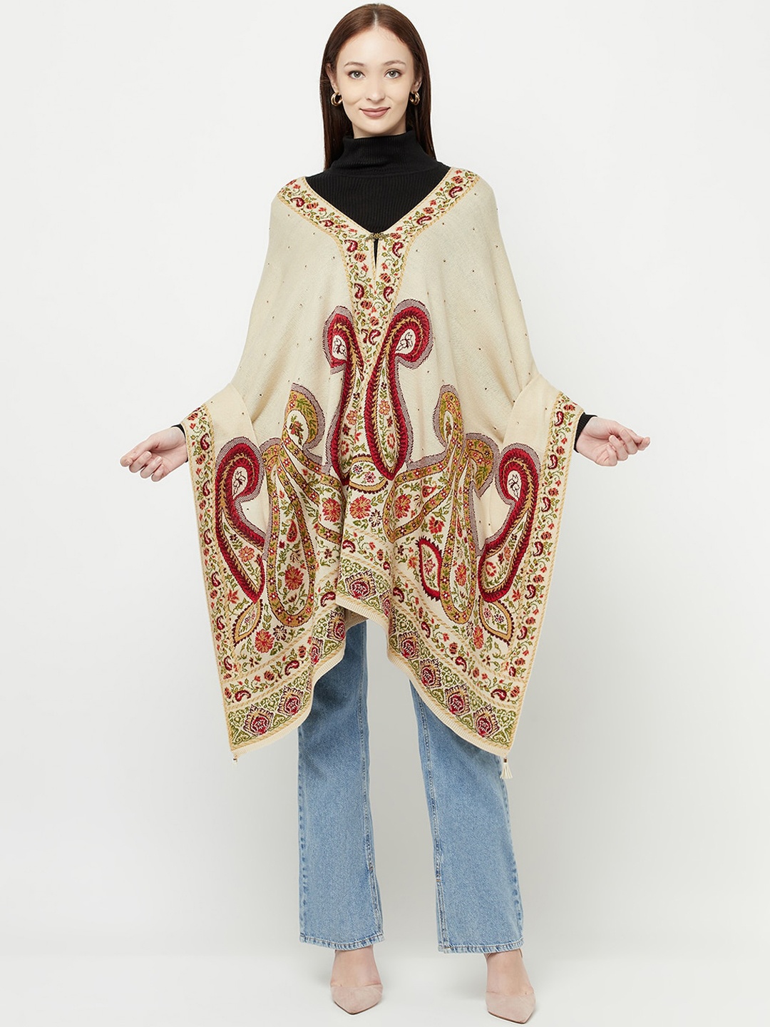 

Knitstudio Women Beige Woven Design Knitted Shawl