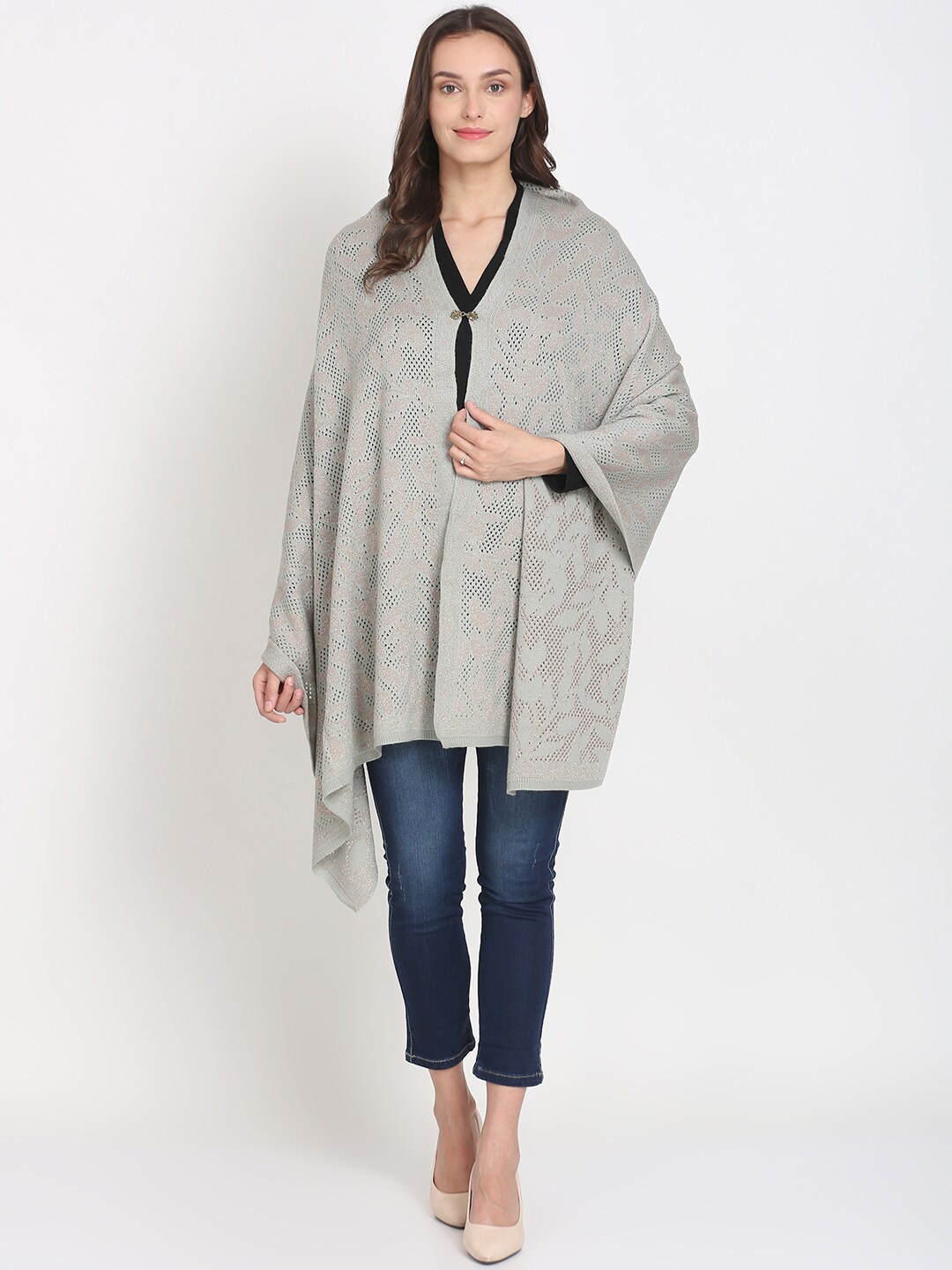 

Knitstudio Women Green & Grey Self Design Shawl