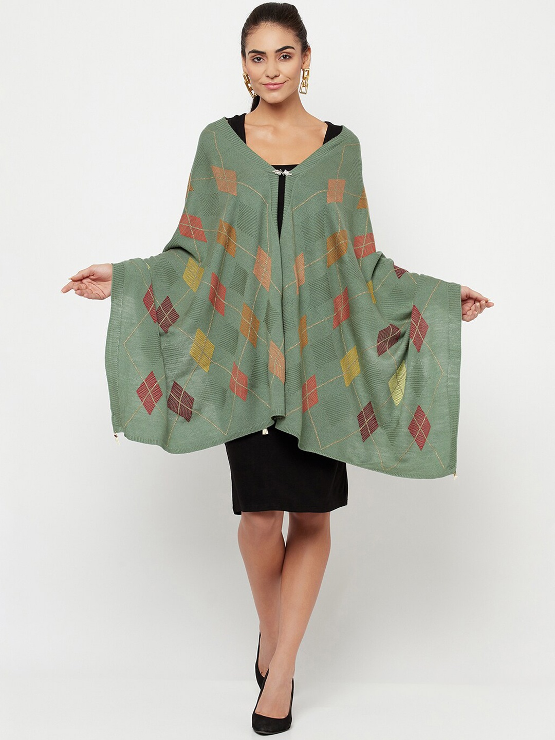 

Knitstudio Women Green Woven Design Shawl