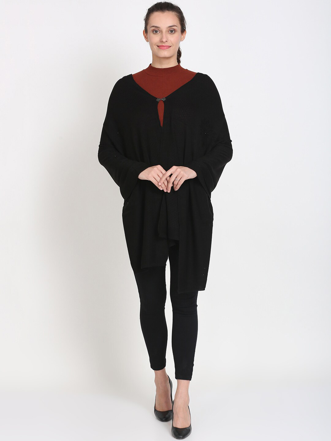 

Knitstudio Women Black Solid Knitted Shawl