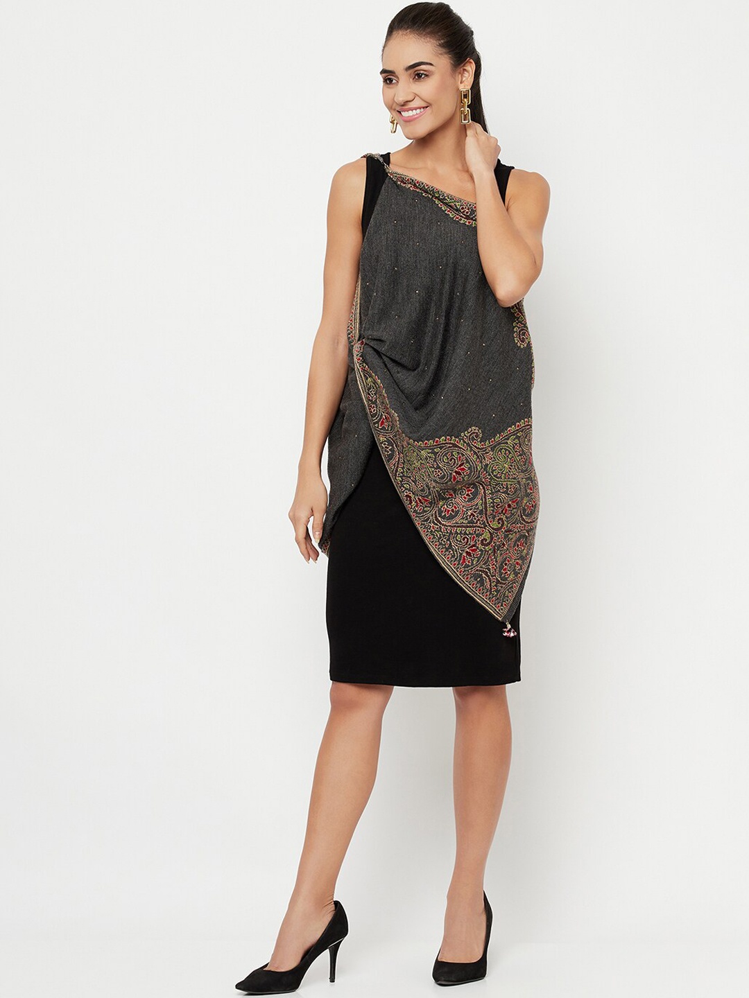 

Knitstudio Women Grey Woven Design Shawl