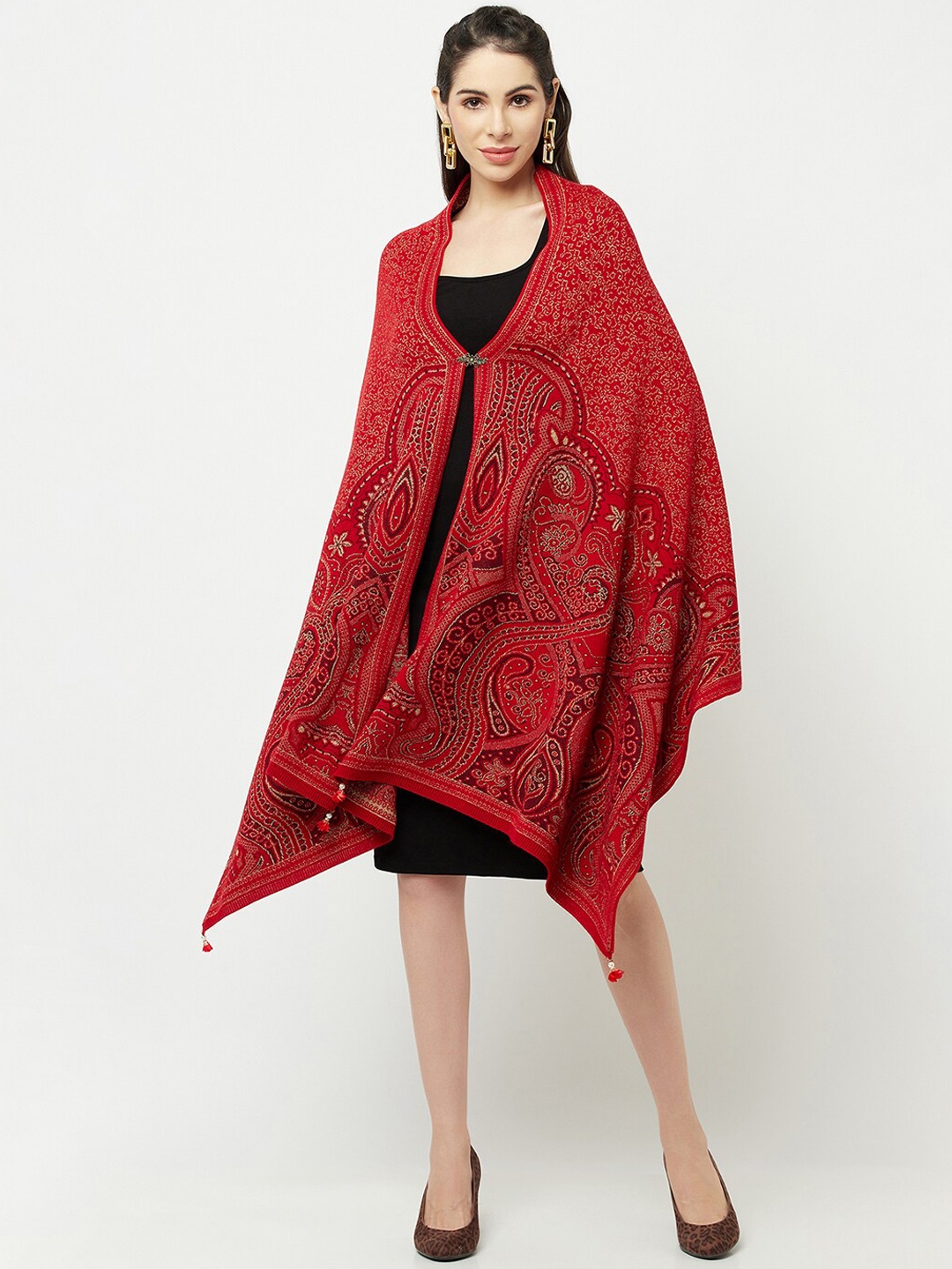 

Knitstudio Women Red Woven Design Knitted Shawl