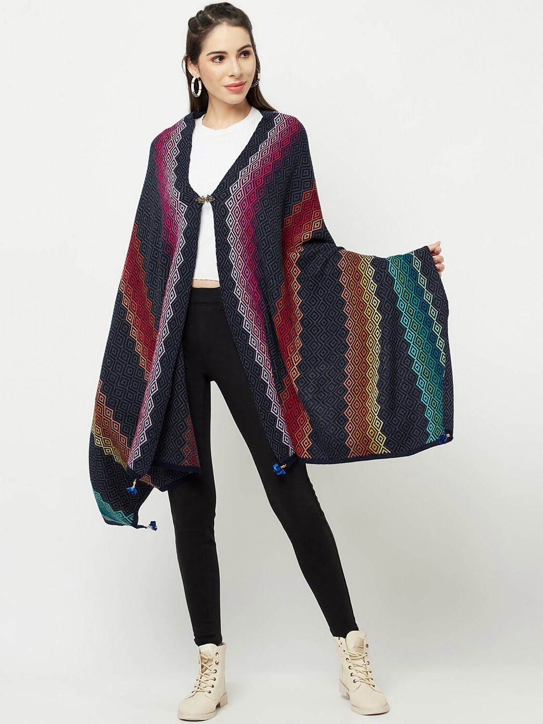 

Knitstudio Women Navy Blue Woven Design Shawl