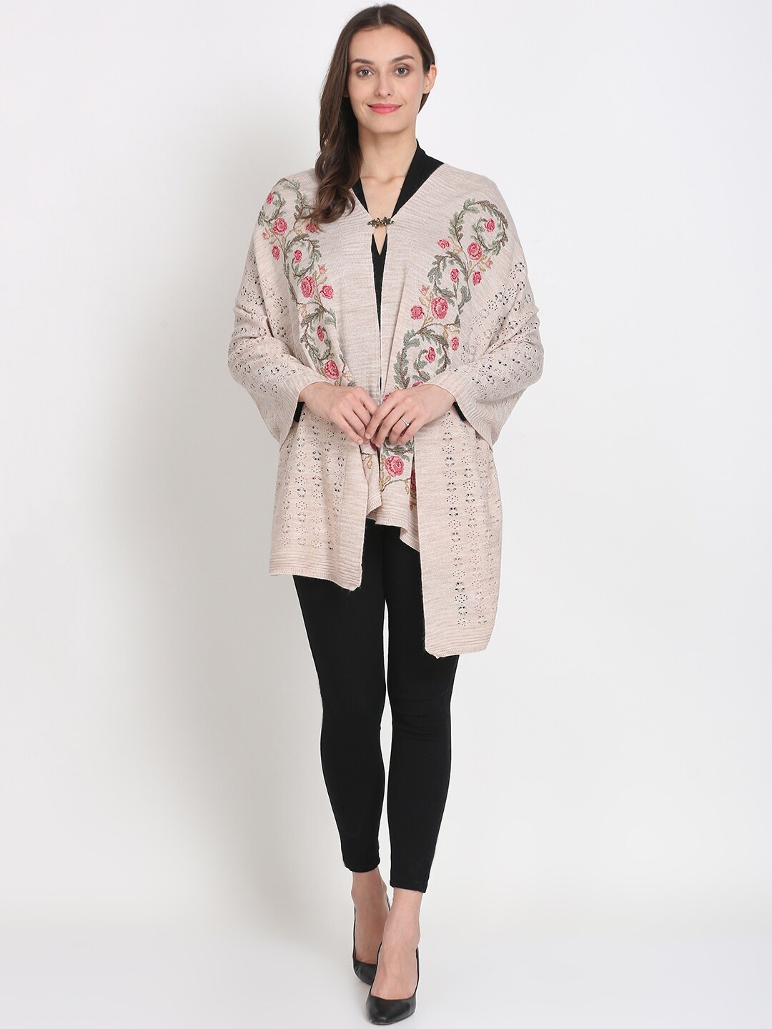 

Knitstudio Women Beige Self Desgin Floral Knitted Shawl