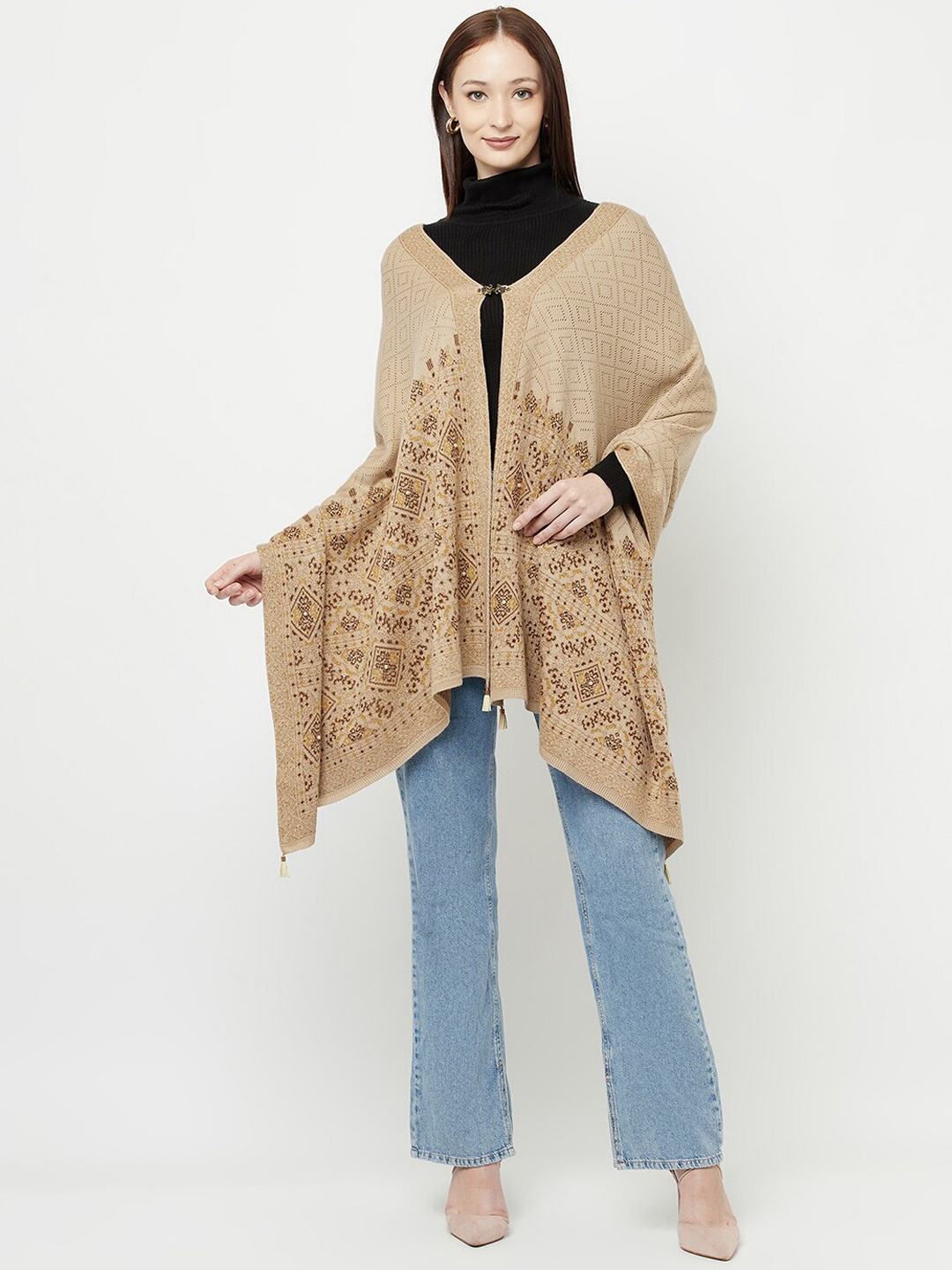 

Knitstudio Women Beige Tribal Casual Shawl