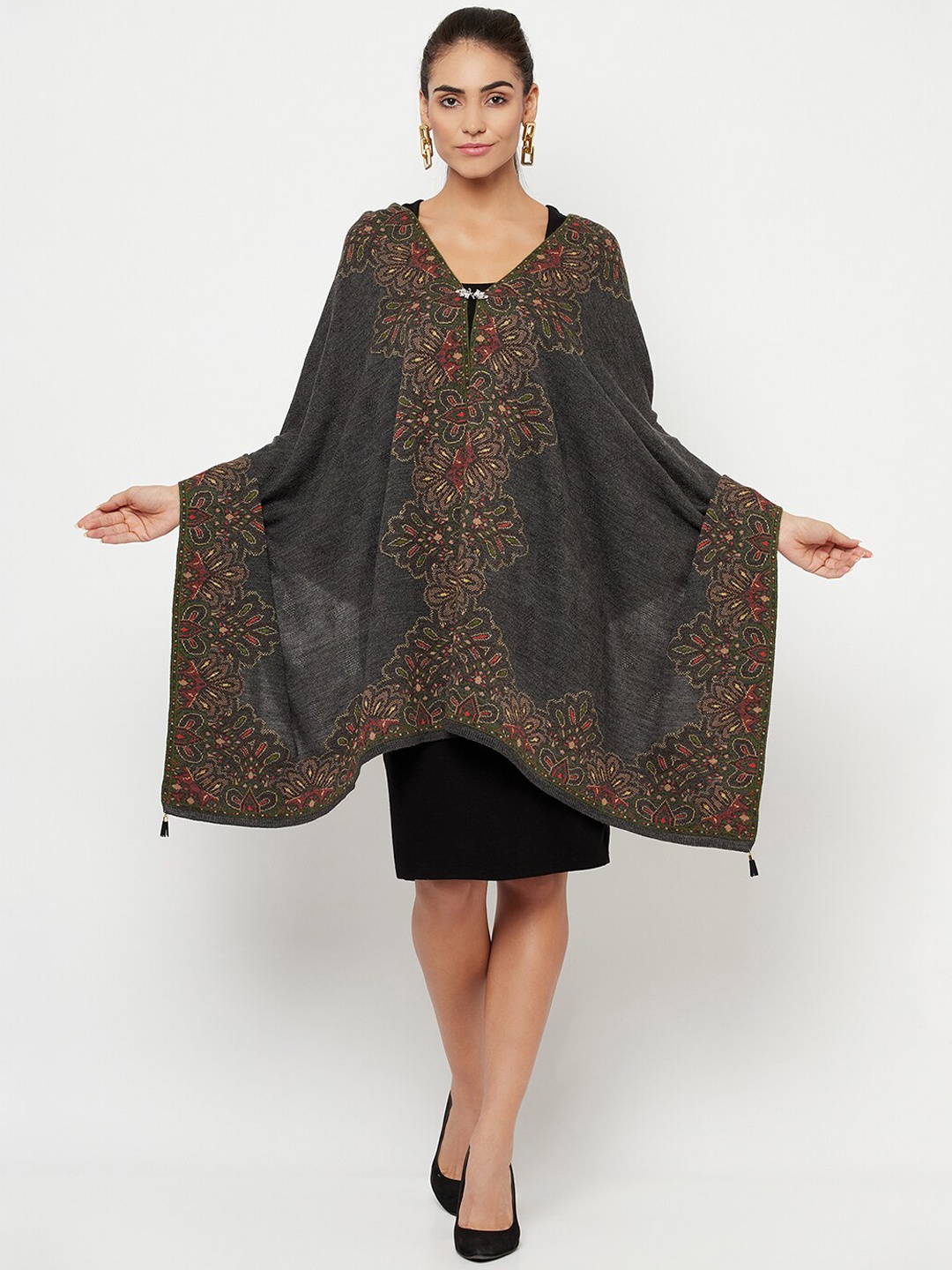 

Knitstudio Women Grey Botanical Woven Design Shawl