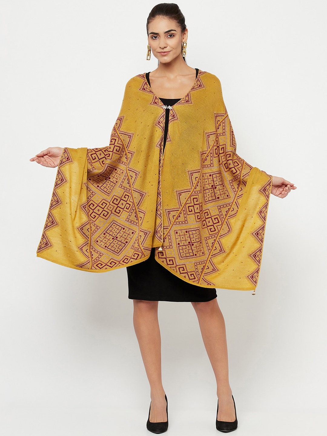 

Knitstudio Women Mustard-Yellow Woven Design Shawlhawl