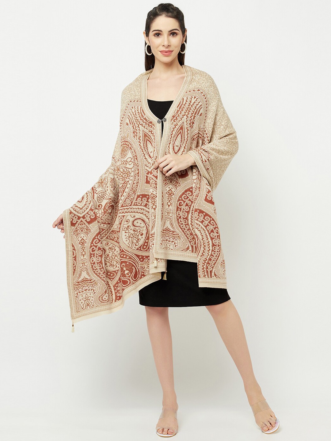 

Knitstudio Women Beige Woven Design Knitted Shawl