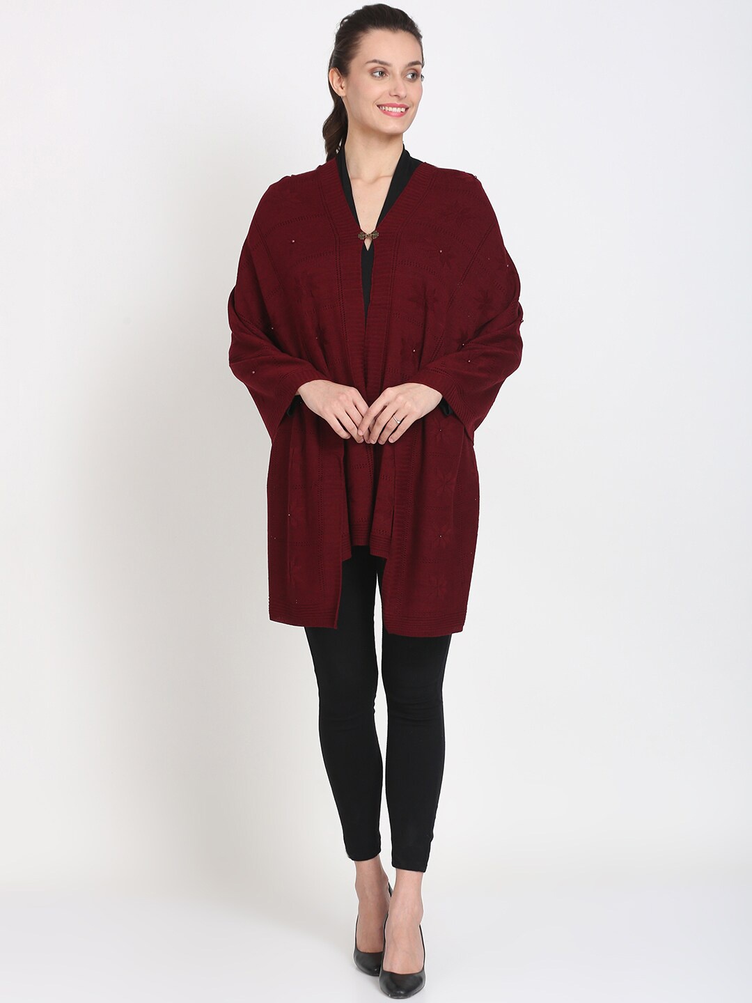 

Knitstudio Women Maroon-Colored Self Design Knitted Shawl
