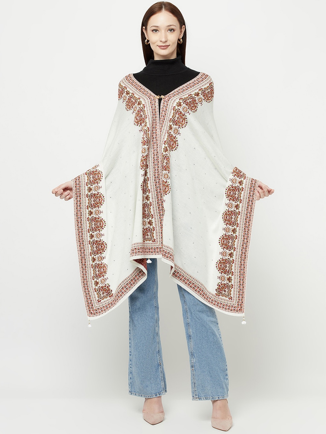 

Knitstudio Women Off White & Red Woven Design Shawl