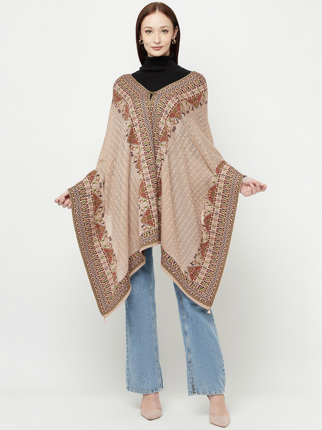 

Knitstudio Women Pink & Beige Self Design Knitted Shawl